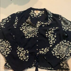 Navy and Cream Talbots Silk Patterned Button-Up Blouse